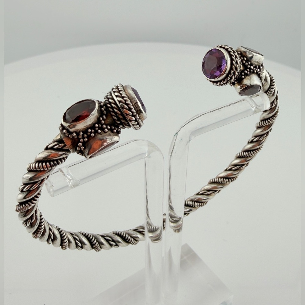 Vintage sterling 925 twisted rope bangle 28g Amethyst Garnet Bypass Cable Cuff